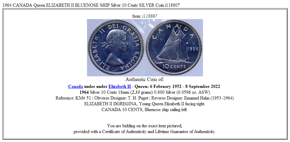 1964 CANADA Queen ELIZABETH II BLUENOSE SHIP Silver 10 Cents SILVER Coin i118807