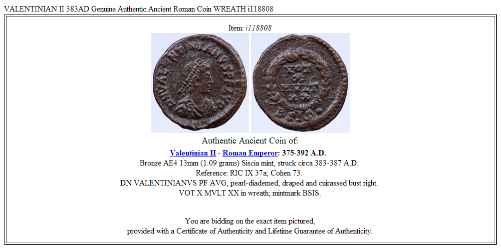 VALENTINIAN II 383AD Genuine Authentic Ancient Roman Coin WREATH i118808