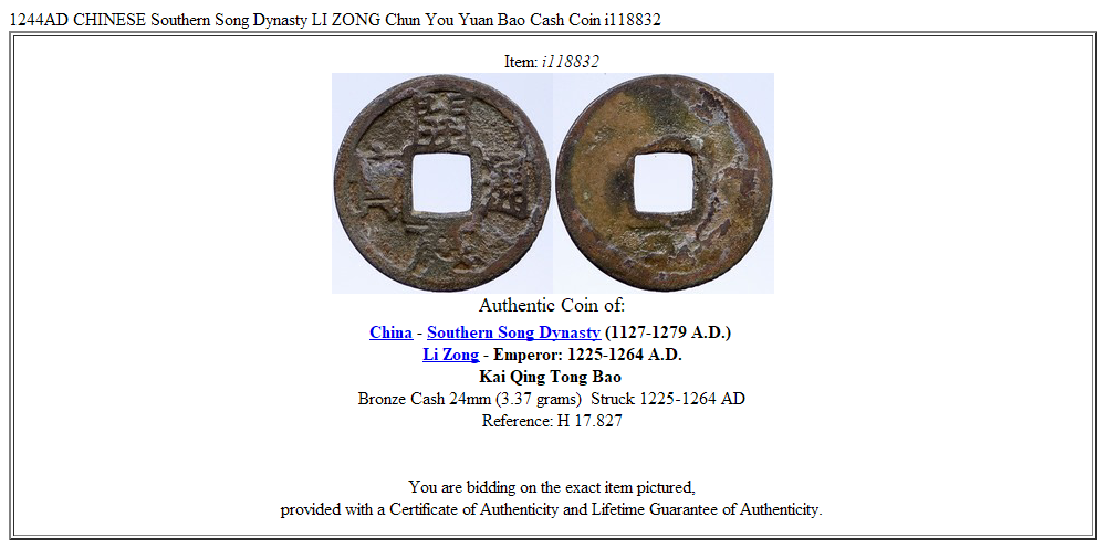 1244AD CHINESE Southern Song Dynasty LI ZONG Chun You Yuan Bao Cash Coin i118832