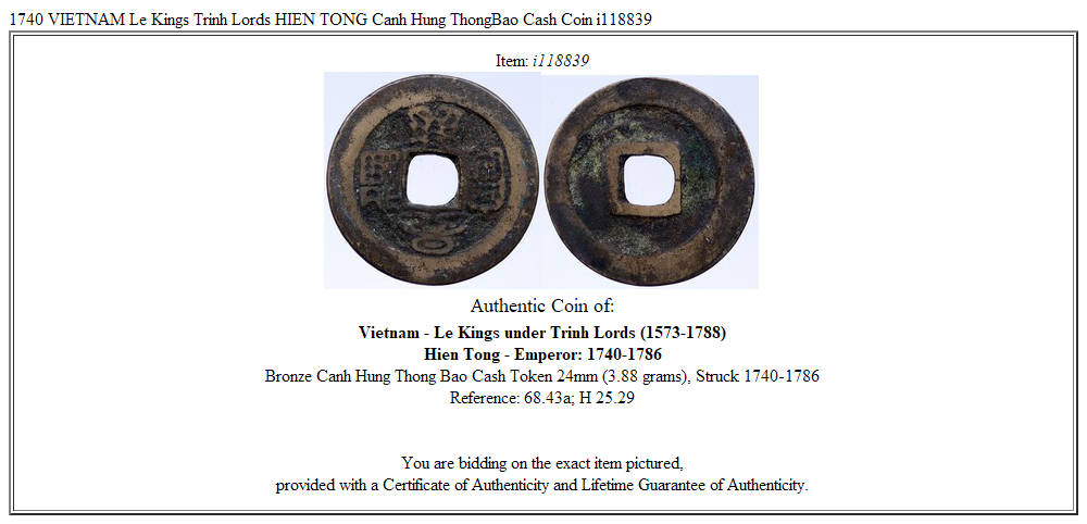 1740 VIETNAM Le Kings Trinh Lords HIEN TONG Canh Hung ThongBao Cash Coin i118839