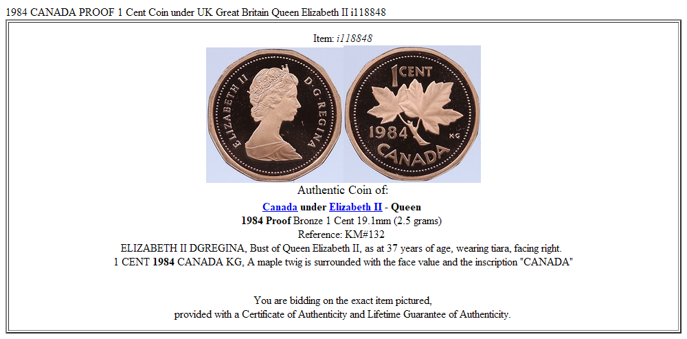 1984 CANADA PROOF 1 Cent Coin under UK Great Britain Queen Elizabeth II i118848