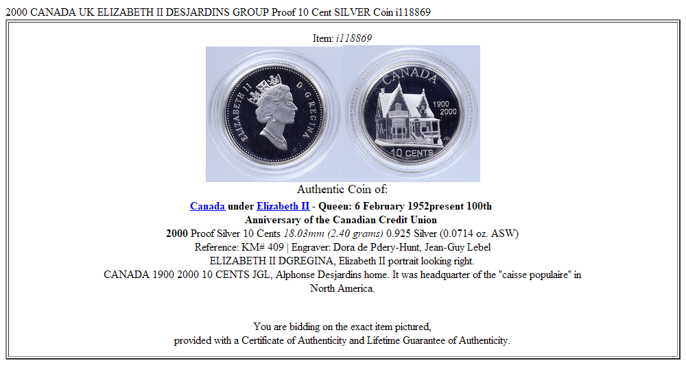 2000 CANADA UK ELIZABETH II DESJARDINS GROUP Proof 10 Cent SILVER Coin i118869