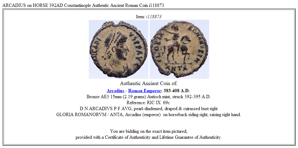 ARCADIUS on HORSE 392AD Constantinople Authentic Ancient Roman Coin i118873