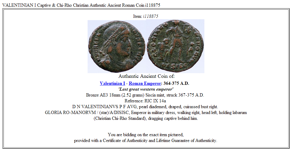 VALENTINIAN I Captive & Chi-Rho Christian Authentic Ancient Roman Coin i118875