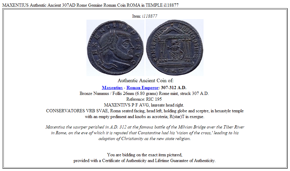MAXENTIUS Authentic Ancient 307AD Rome Genuine Roman Coin ROMA in TEMPLE i118877