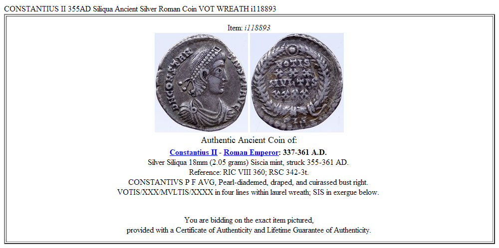 CONSTANTIUS II 355AD Siliqua Ancient Silver Roman Coin VOT WREATH i118893