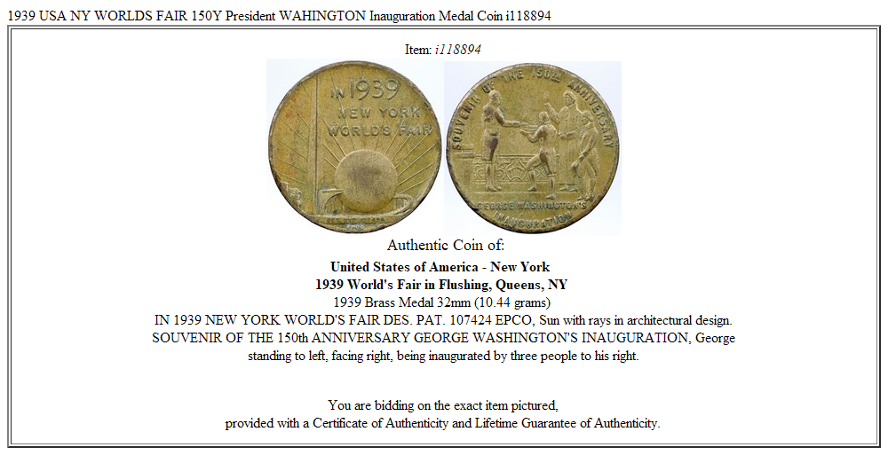 1939 USA NY WORLDS FAIR 150Y President WAHINGTON Inauguration Medal Coin i118894