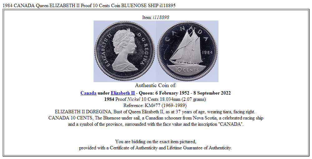 1984 CANADA Queen ELIZABETH II Proof 10 Cents Coin BLUENOSE SHIP i118895