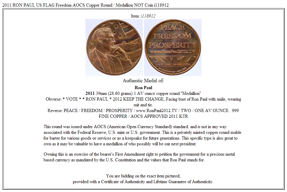 2011 RON PAUL US FLAG Freedom AOCS Copper Round / Medallion NOT Coin i118912
