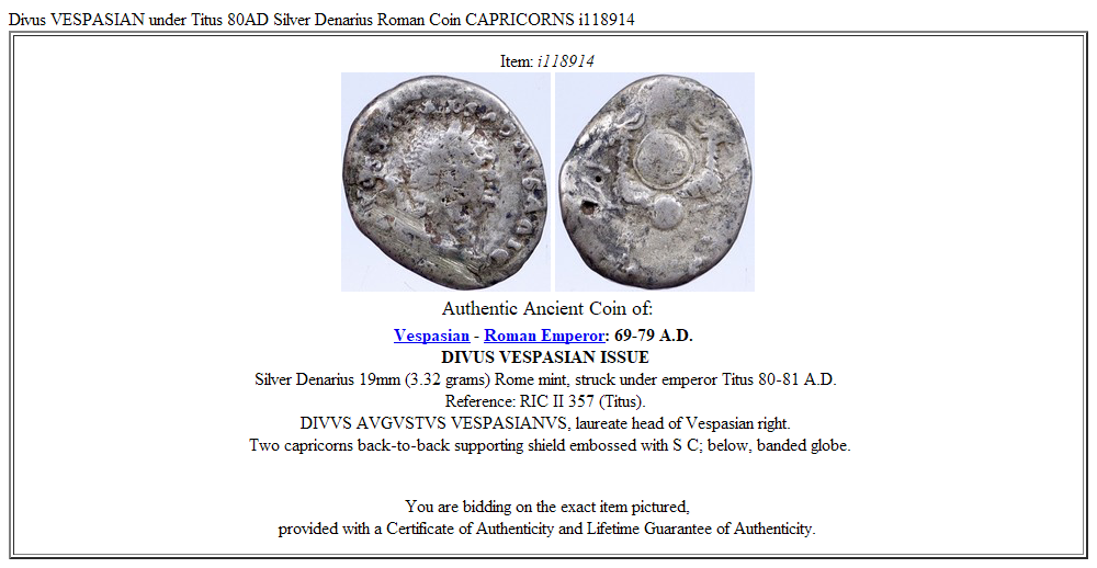 Divus VESPASIAN under Titus 80AD Silver Denarius Roman Coin CAPRICORNS i118914