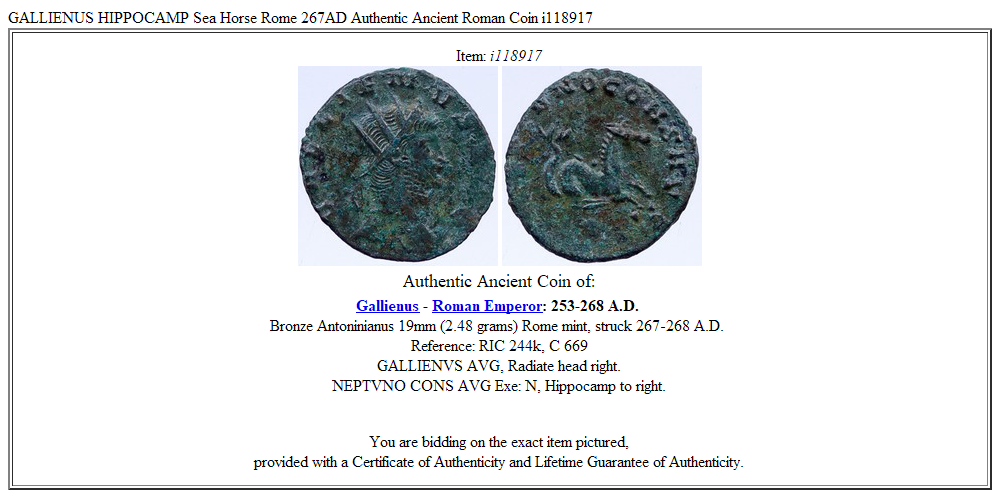 GALLIENUS HIPPOCAMP Sea Horse Rome 267AD Authentic Ancient Roman Coin i118917