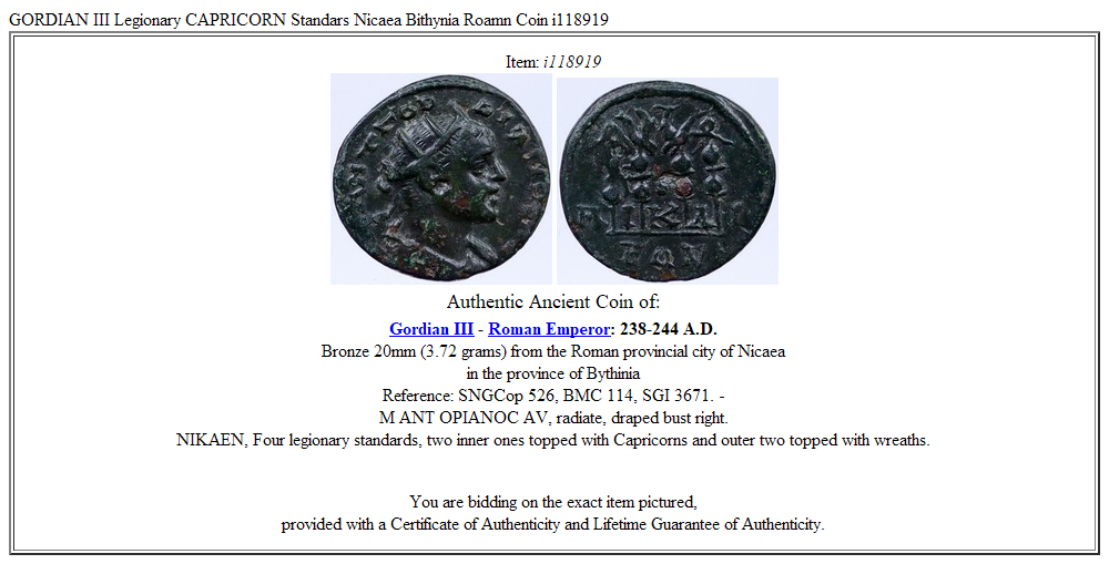 GORDIAN III Legionary CAPRICORN Standars Nicaea Bithynia Roamn Coin i118919