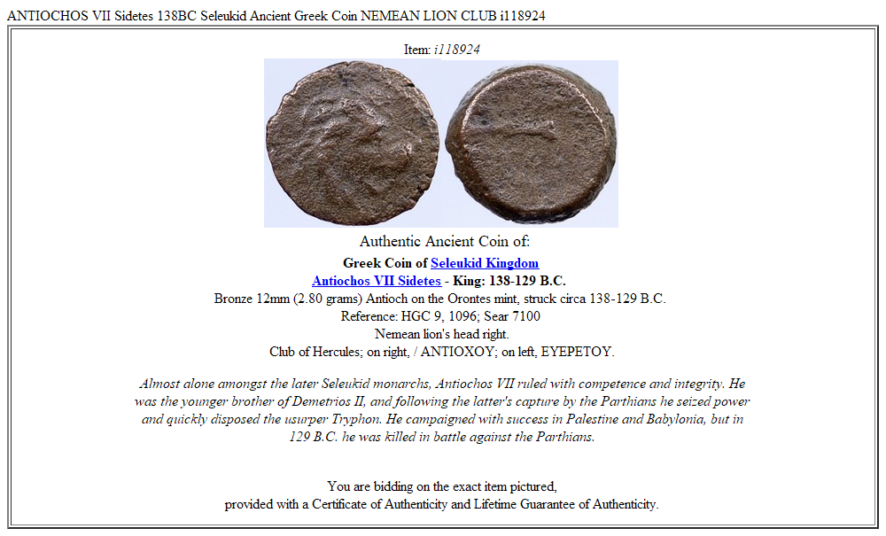 ANTIOCHOS VII Sidetes 138BC Seleukid Ancient Greek Coin NEMEAN LION CLUB i118924