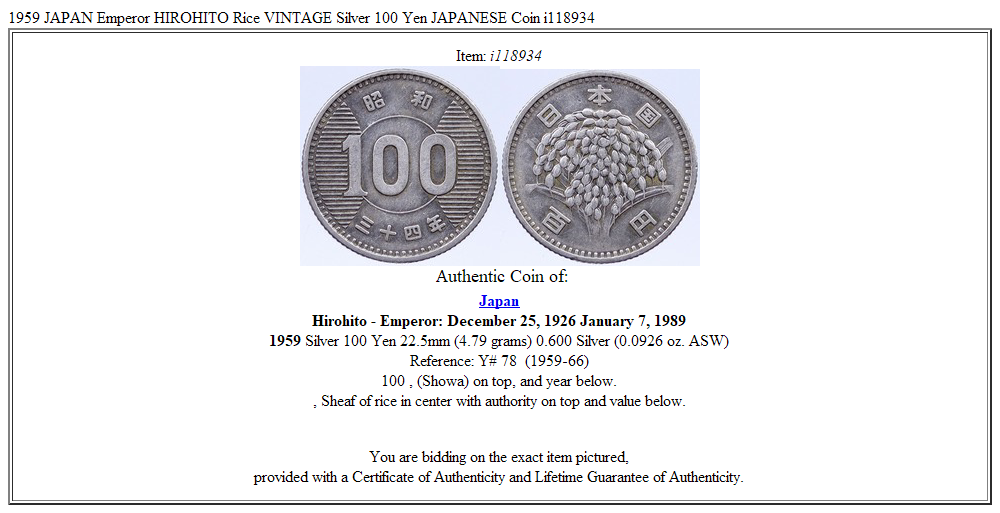 1959 JAPAN Emperor HIROHITO Rice VINTAGE Silver 100 Yen JAPANESE Coin i118934