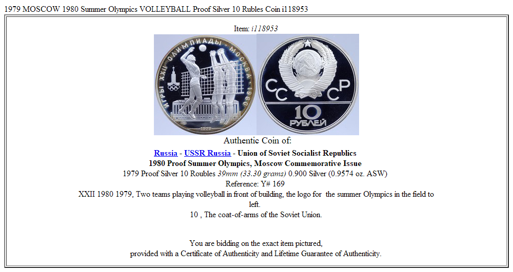 1979 MOSCOW 1980 Summer Olympics VOLLEYBALL Proof Silver 10 Rubles Coin i118953