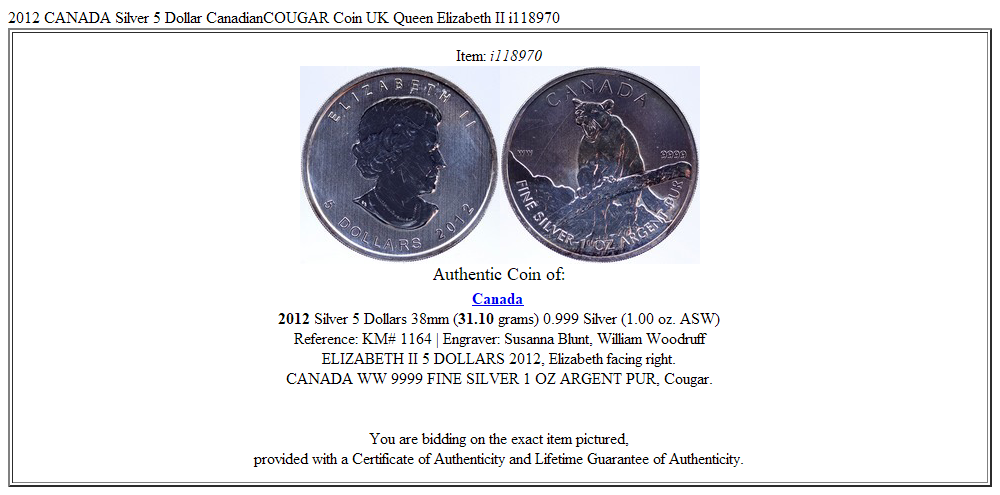 2012 CANADA Silver 5 Dollar CanadianCOUGAR Coin UK Queen Elizabeth II i118970