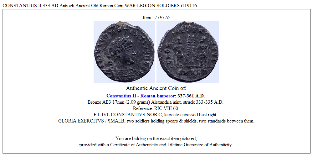 CONSTANTIUS II 333 AD Antioch Ancient Old Roman Coin WAR LEGION SOLDIERS i119116
