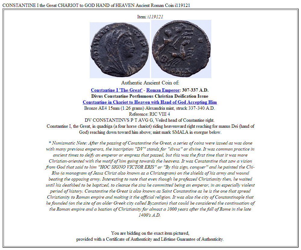 CONSTANTINE I the Great CHARIOT to GOD HAND of HEAVEN Ancient Roman Coin i119121