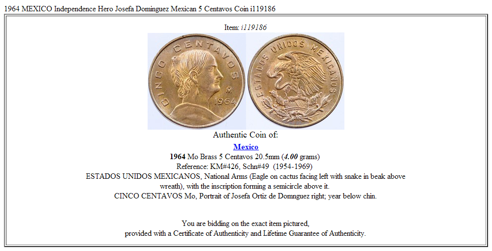 1964 MEXICO Independence Hero Josefa Dominguez Mexican 5 Centavos Coin i119186