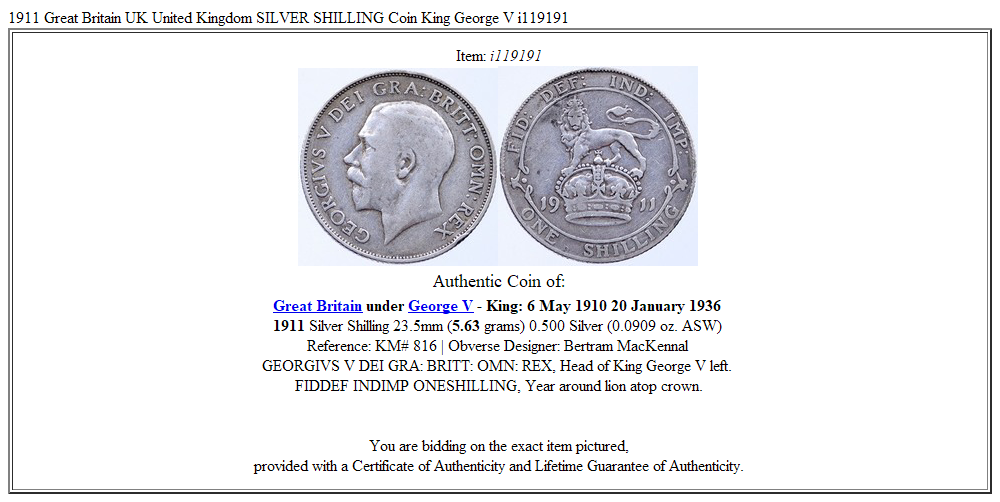 1911 Great Britain UK United Kingdom SILVER SHILLING Coin King George V i119191