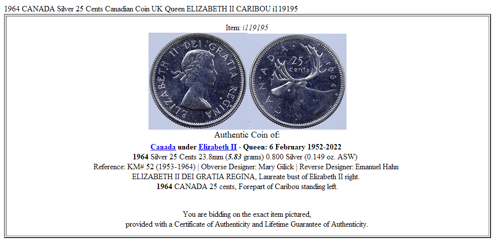 1964 CANADA Silver 25 Cents Canadian Coin UK Queen ELIZABETH II CARIBOU i119195