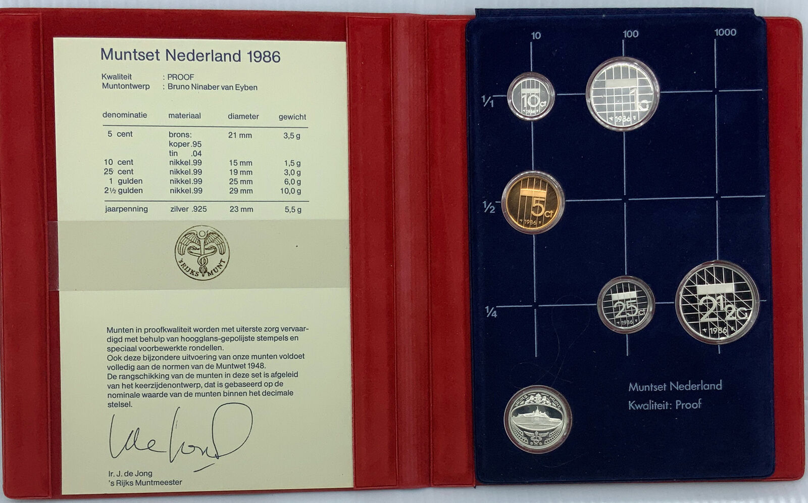 1986 NETHERLANDS Queen Beatrix Proof Set of 6 Vintage Coins 1 is Silver i114534