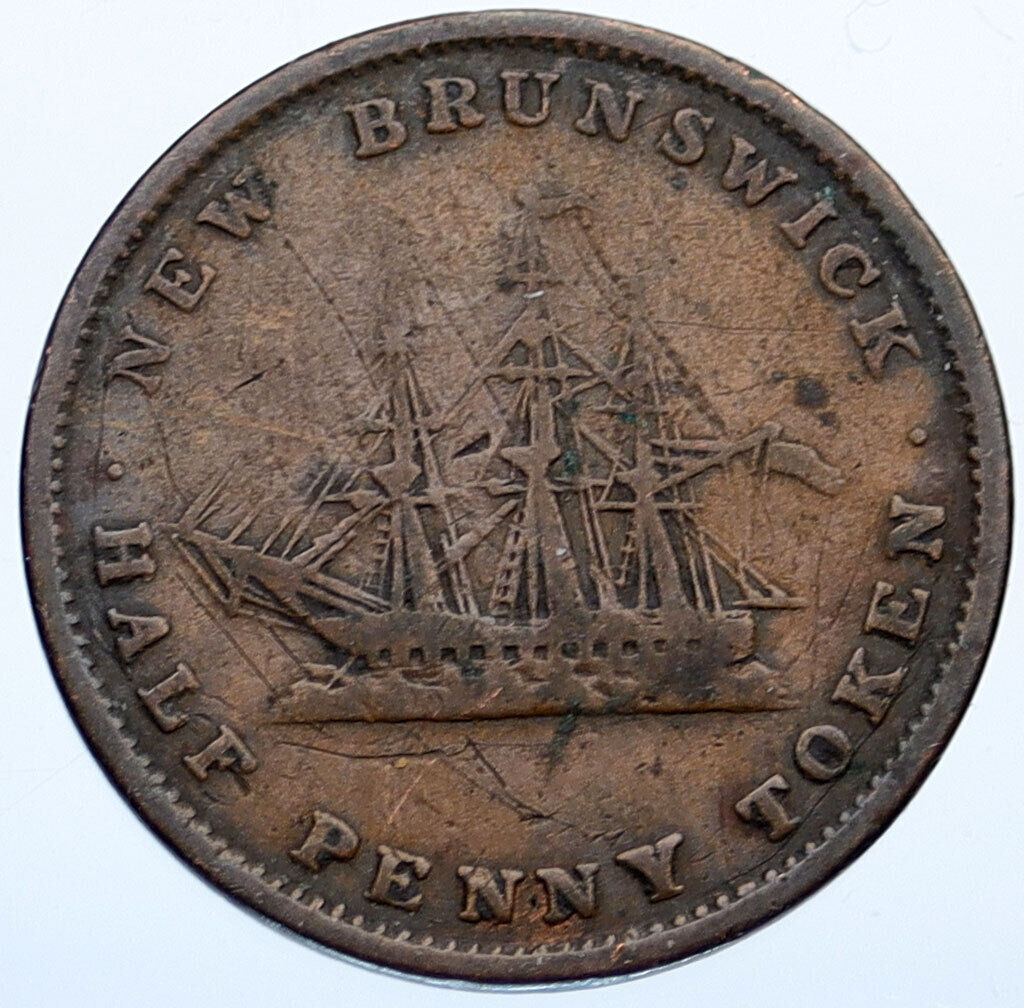 1843 CANADA New Brunswick British Queen VICTORIA Ship 1/2 Penny Token i115293