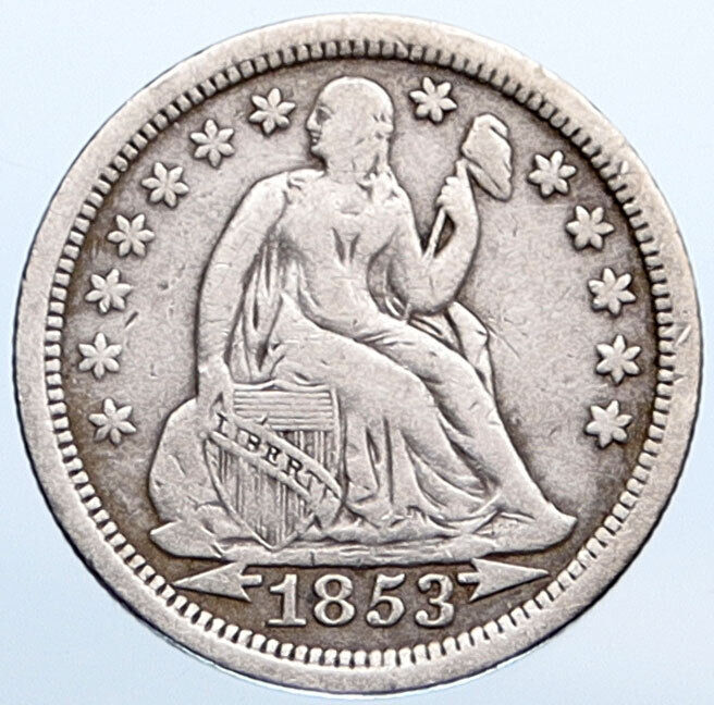 1853 UNITED STATES US Silver SEATED LIBERTY Vintage Antique Dime Coin i115249