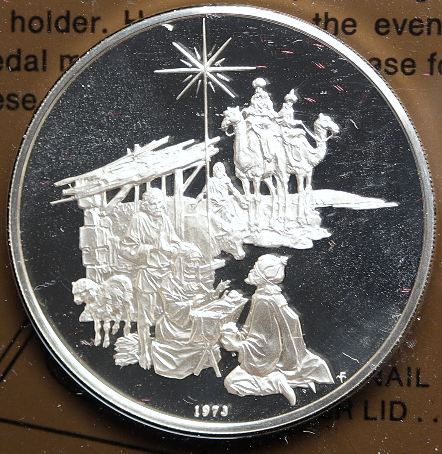 1973 US USA Franklin Mint Jesus Nativity Star Bethlehem PRF Silver Medal i114502