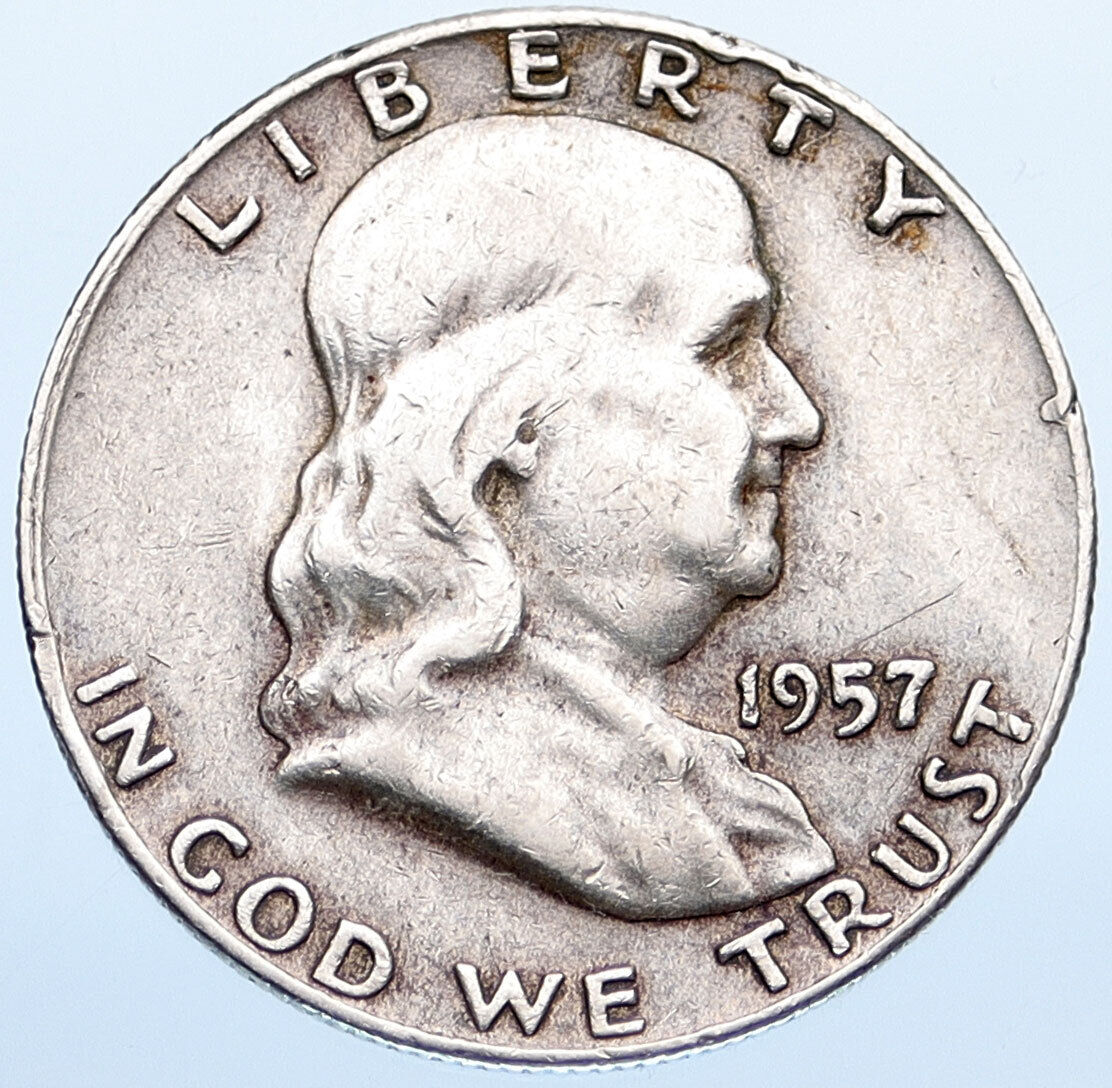 1957 D US Benjamin Franklin LIBERTY BELL Vintage Silver Half Dollar Coin i115300