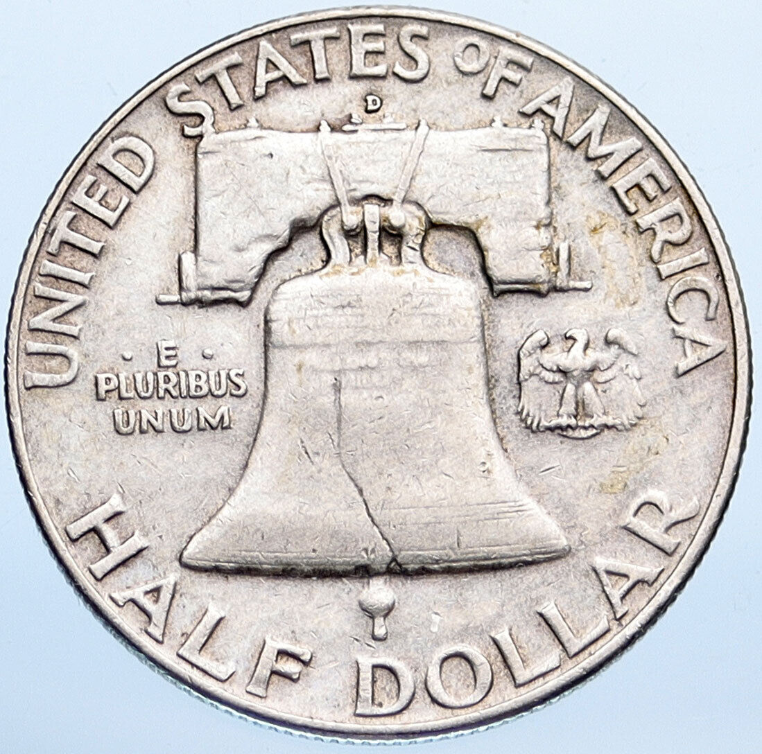 1958 D US Benjamin Franklin LIBERTY BELL Vintage Silver Half Dollar Coin i115301