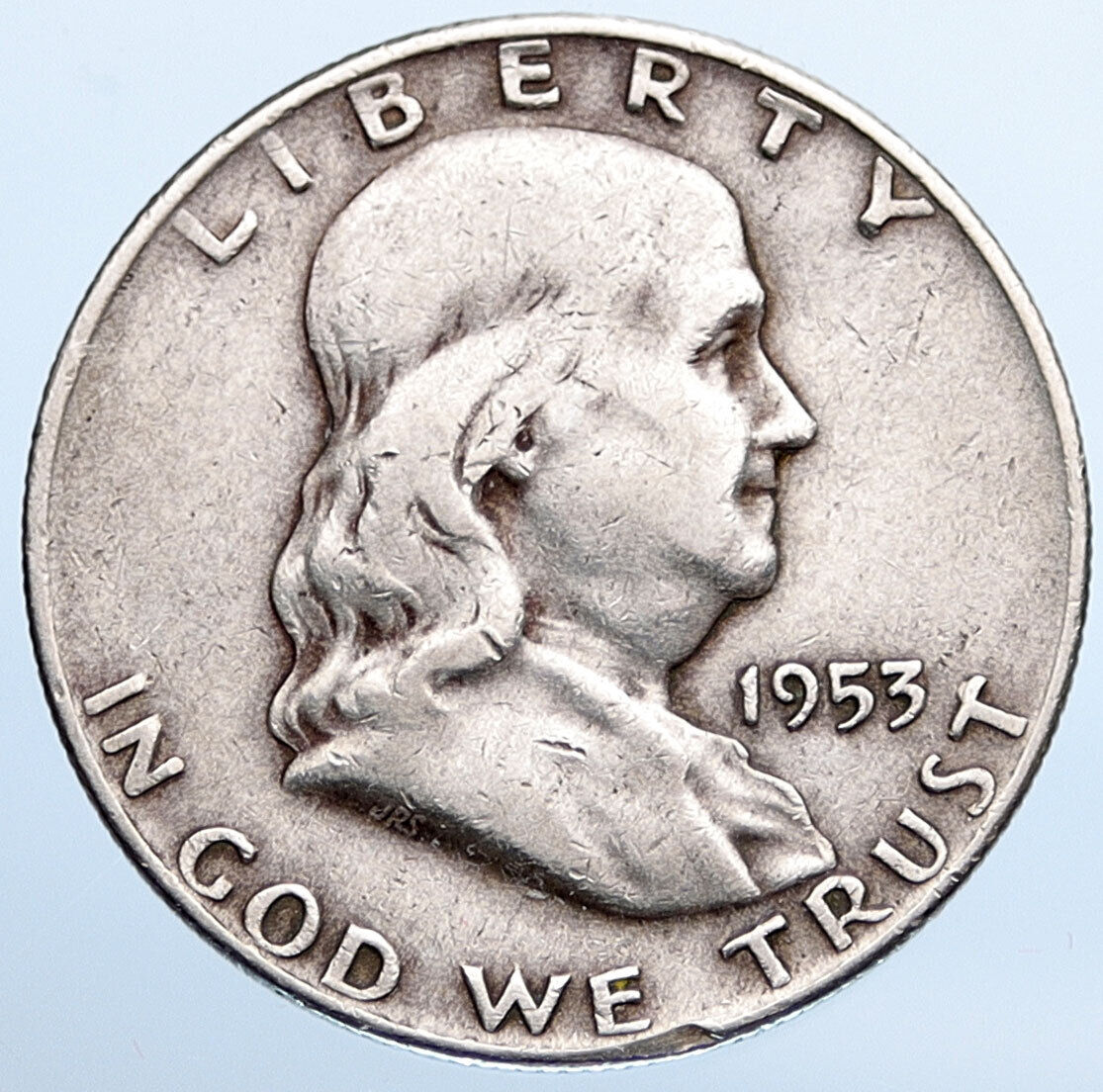 1953 D US Benjamin Franklin LIBERTY BELL Vintage Silver Half Dollar Coin i115273