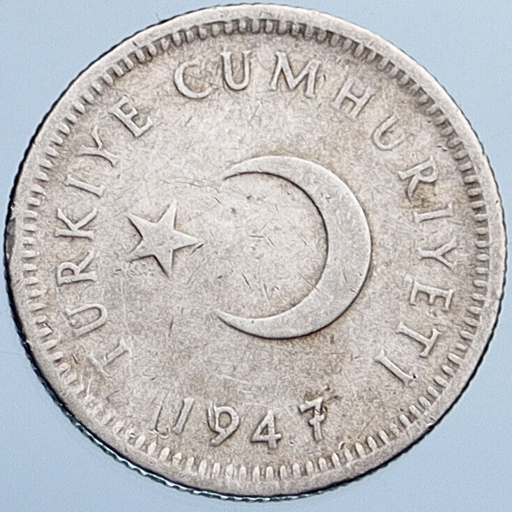 1947 TURKEY Crescent Moon Star OLD VINTAGE Silver Islamic 50 Kurus Coin i115313