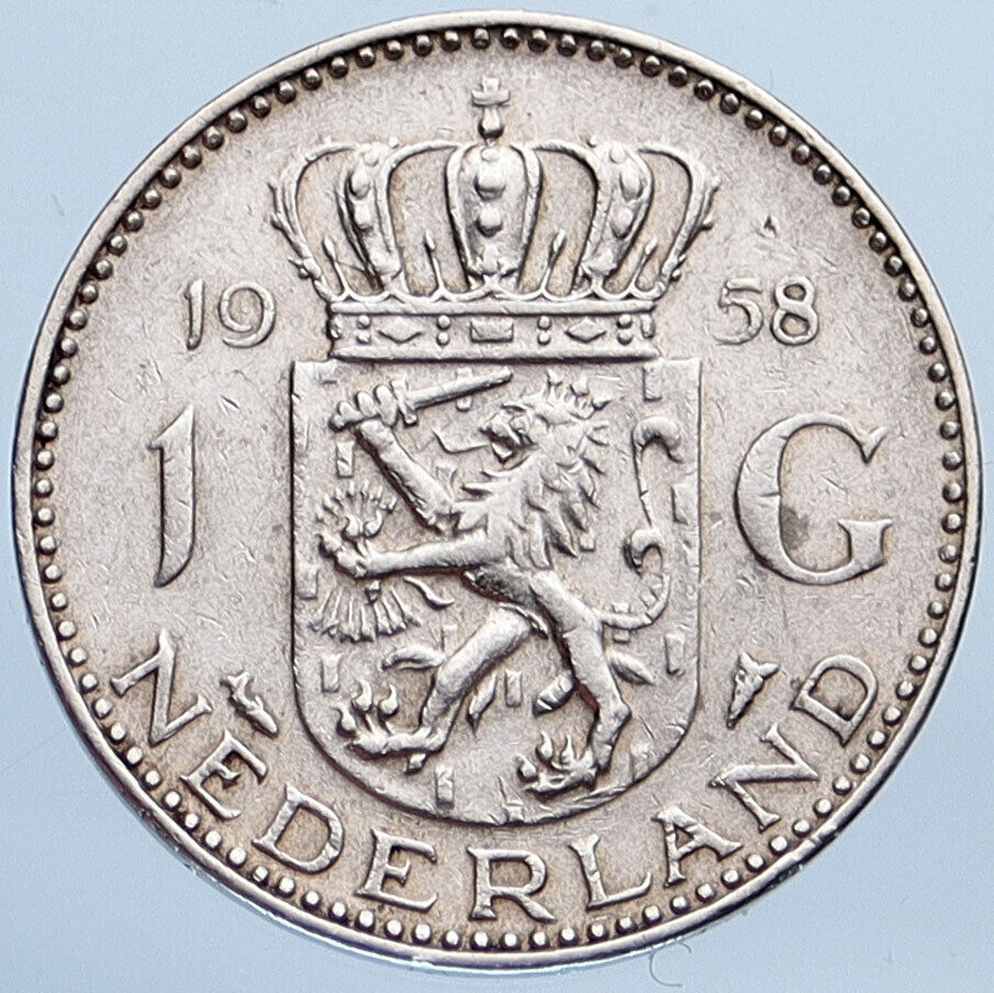 1955 NETHERLANDS Kingdom Queen JULIANA Vintage OLD Silver 1 Gulden Coin i115312