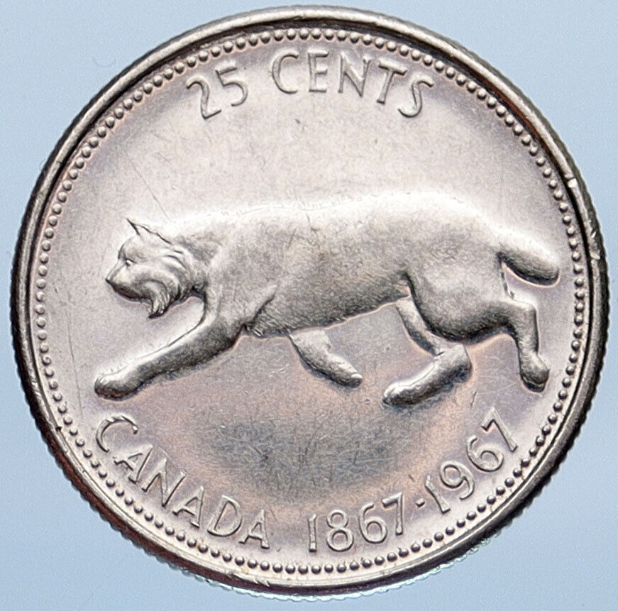 1967 CANADA Confederation Centennial Silver 25 Cents Coin LYNX Wild Cat i115311