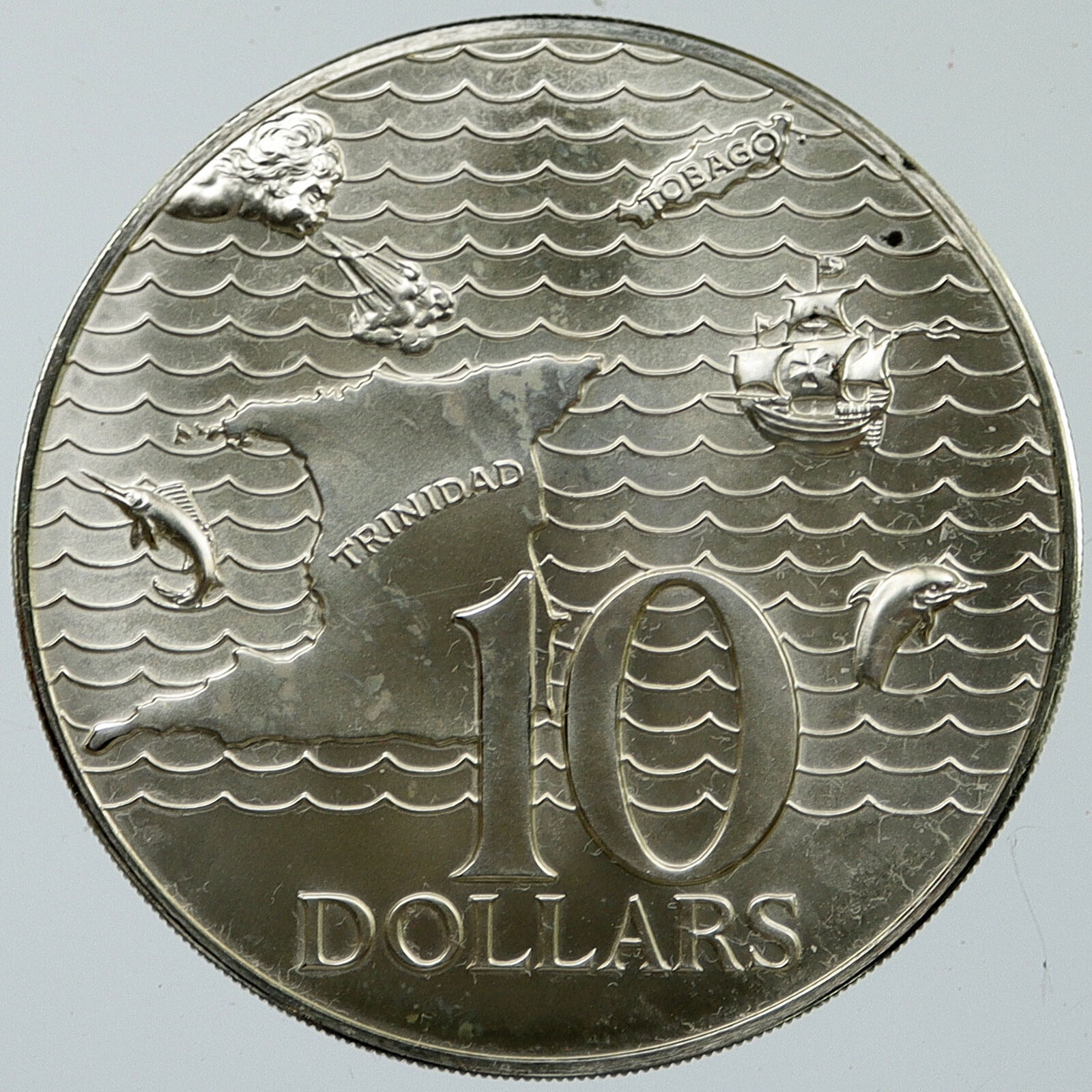 1973 TRINIDAD and TOBAGO Islands & Sea Large Vintage OLD Silver $10 Coin i116003
