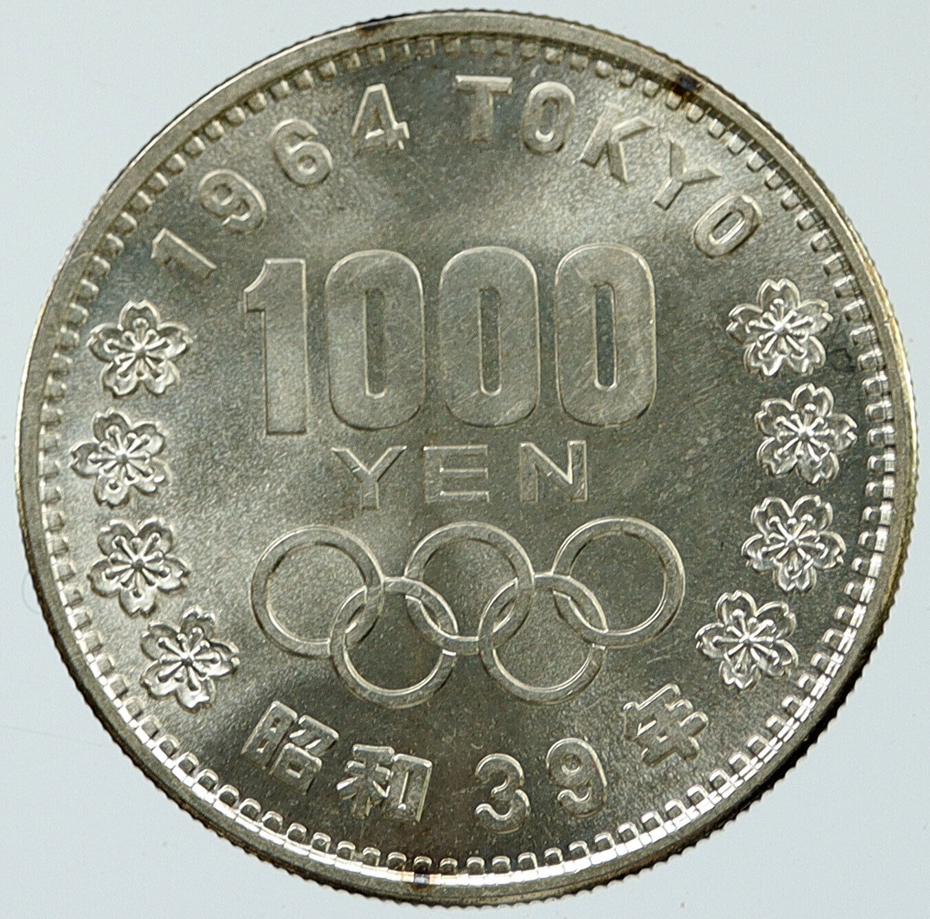 1964 JAPAN Tokyo Summer Olympic Game CHERRY MT FUJI Silver 1000 Yen Coin i116005