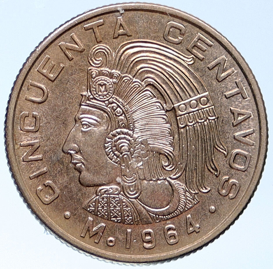1964 MoM MEXICO Eagle KING CUAUHTEMOC Vintage Mexican 50 Centavos Coin i115316