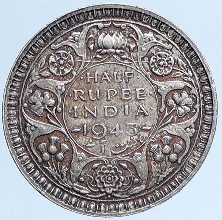 1943 INDIA States UK George VI Antique OLD Silver 1/2 RUPEE Indian Coin i113845