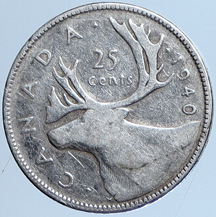 1940 CANADA King George VI of Britain CARIBOU MOOSE Silver 25 Cent Coin i113672