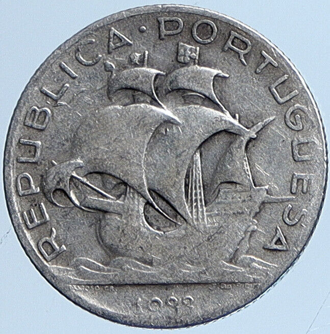 1933 PORTUGAL Sailing Boat SHIP Vintage OLD Silver 2 1/2 Escudos Coin i113669