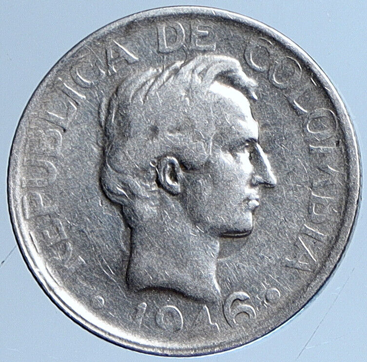 1946 COLUMBIA Simon Bolivar Eagle Shield Genuine Silver 20 Centavos Coin i113666