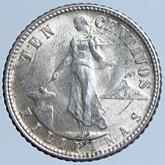 1944 D PHILIPPINES Under US Administration Eagle Silver 10 Centavos Coin i113642