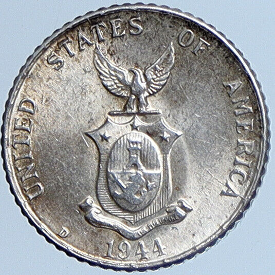 1944 D PHILIPPINES Under US Administration Eagle Silver 10 Centavos Coin i113642