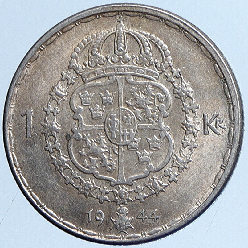 1944 Sweden KING GUSTAF V Crowned ARMS Antique Vintage Silver Krona Coin i113636