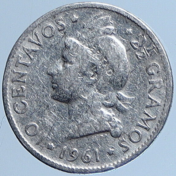 1961 DOMINICAN REPUBLIC Woman of Liberty ANTIQUE Silver 10 Centavos Coin i113643
