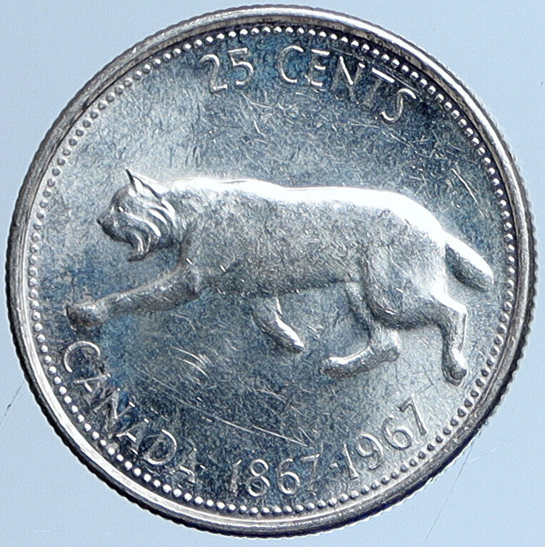 1967 CANADA Confederation Centennial Silver 25 Cents Coin LYNX Wild Cat i113650