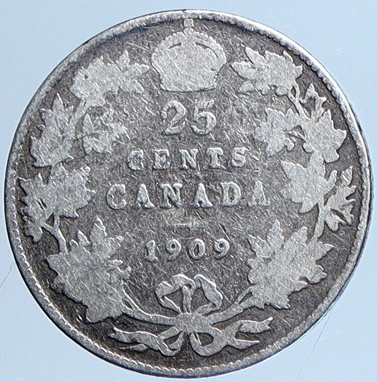 1909 CANADA UK King Edward VII Crown RARE ANTIQUE Silver 25 CENTS Coin i113675