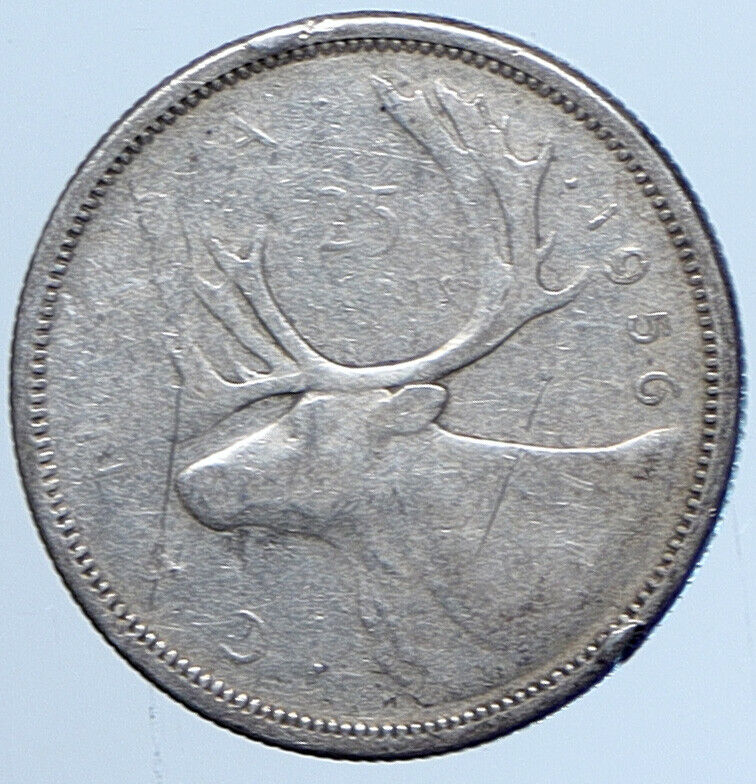 1956 CANADA United Kingdom UK Elizabeth II Silver 25 Cent Coin CARIBOU i113655