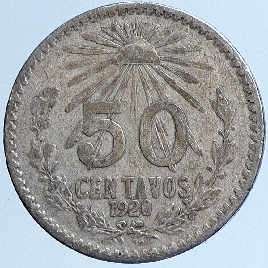 1920 MEXICO City EAGLE CACTUS SERPENT Silver 50 Centavos Mexican Coin i113654